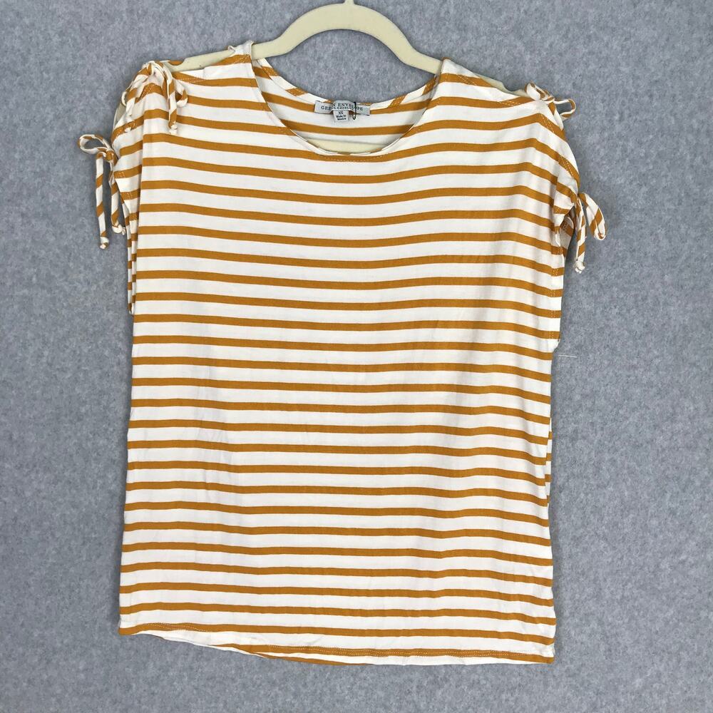 Green Envelope Shirt‎ XS Mustard White Striped Cold Shoulder Tie Soft Everyday